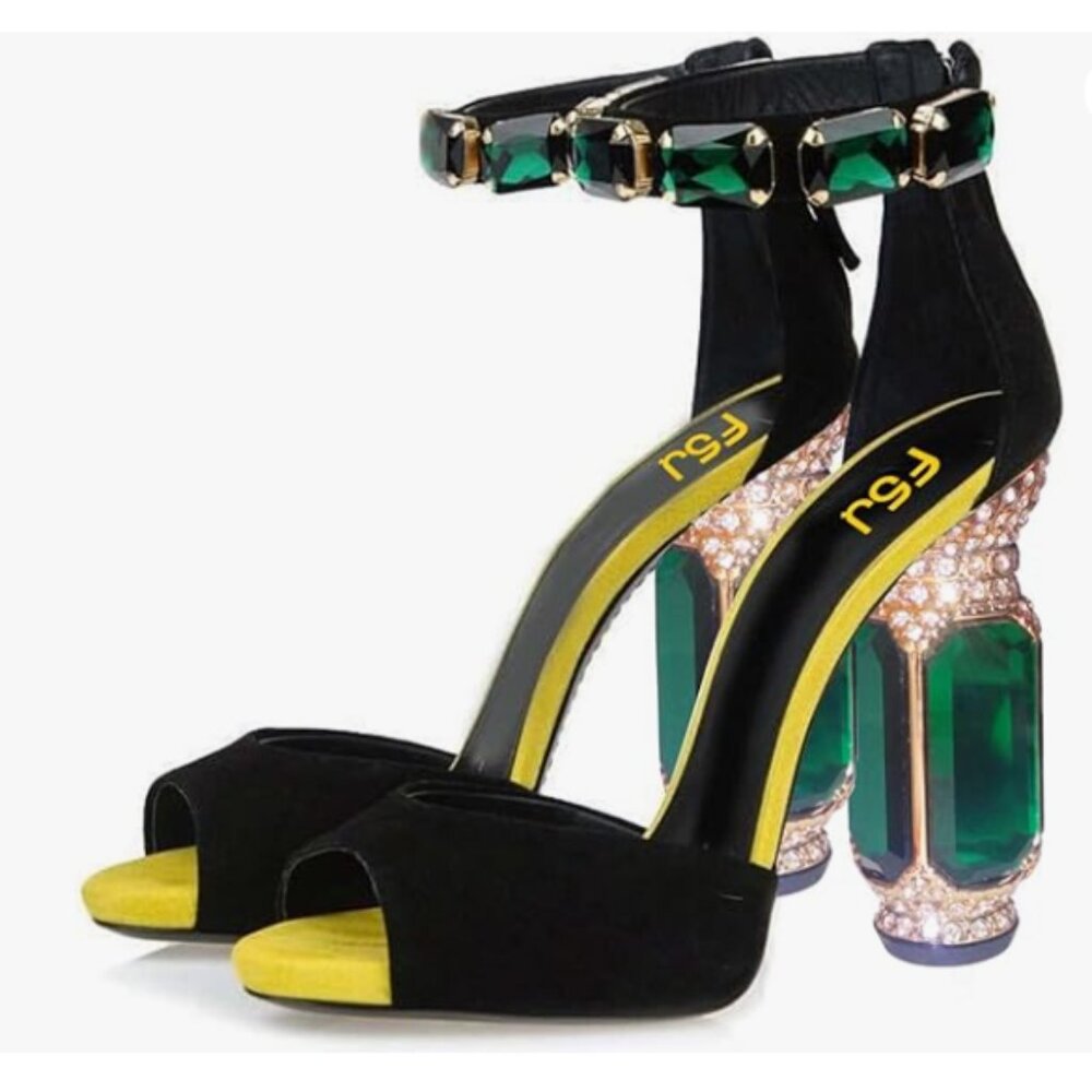 FSJ Yellow Open Toe Stylish Sandal Ankle Strap Crystal High Heel Prom Shoes